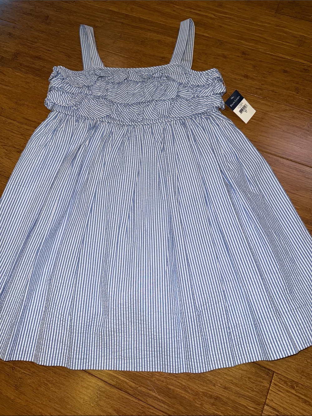 Ralph Lauren girls seersucker Ruffle front dress size 12 NWOT